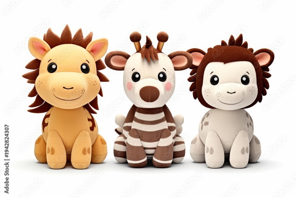 Naklejka premium Three adorable stuffed safari animals sitting together on a white background