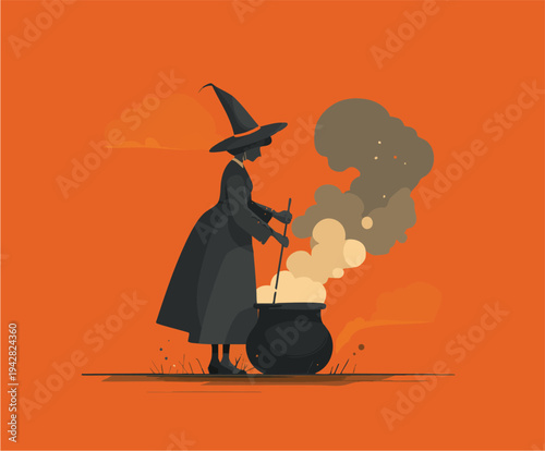 Silhouette of a witch stirring a bubbling cauldron on an orange background
