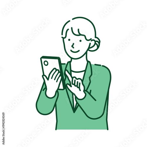 Professional young business woman smiling while using a smartphone for efficient workflow and office communication in a modern line art style