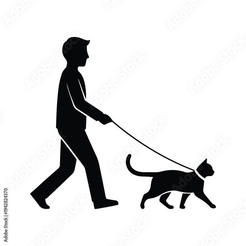 Silhouette of Man Walking a Cat on a Leash Outdoors, Pet Owner with Companion on a Stroll, Simple Iconography