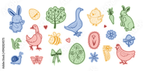 A set of hand-drawn spring and Easter flirty stickers. Vector fashion illustration in pastel colors.