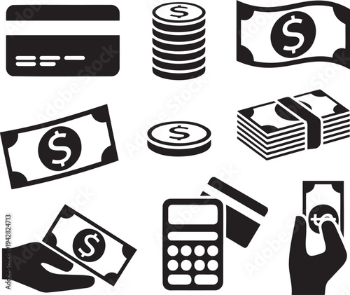 A comprehensive set of black and white icons representing various forms of money and financial activities