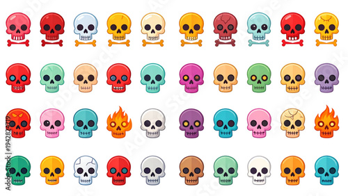 Cartoon Skull and Crossbones Icon Set – Cute Angry Bloody Fire and Cracked Halloween Vector