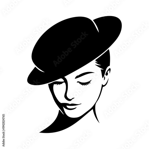 Logotipo boutique de moda. Dibujo de la cabeza de una mujer con un elegante sombrero vintage ladeado 