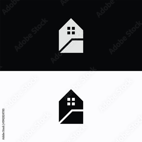 An elegant minimalist logo depicting a simplified house silhouette with a distinct diagonal line, rendered in a striking black and white scheme.