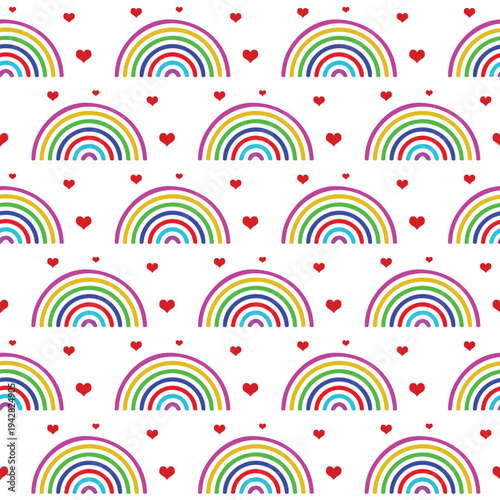 Colorful rainbows with red hearts on a bright white background, creating a cheerful and playful pattern.