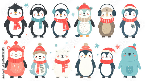 Cute Arctic Animal Characters Set – Penguin Seal Polar Bear and Walrus with Winter Accessories Flat Vector