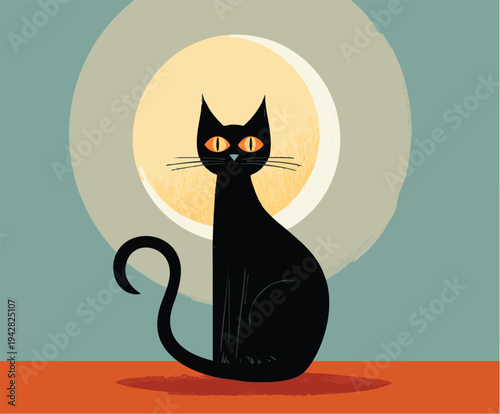 Stylized black cat with bright orange eyes sits in front of a large yellow moon and muted background