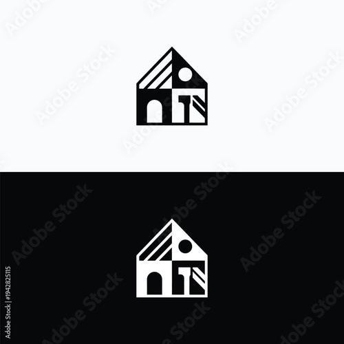 An abstract innovative logo design presenting a modern house silhouette filled with diverse geometric forms, creating a dynamic visual representation.