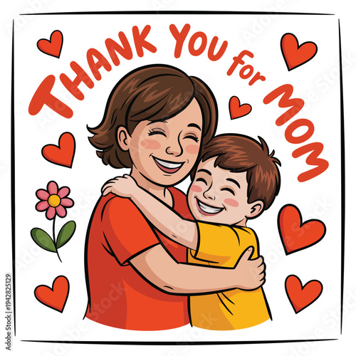 A heartwarming illustration of a mother and son hugging with love