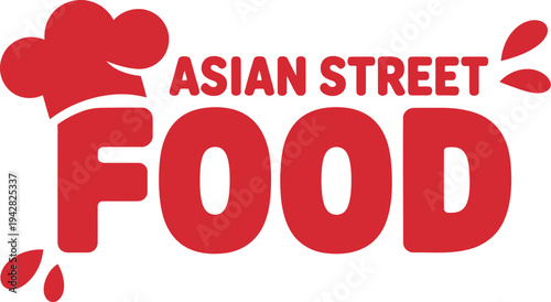 A logo for Asian Street Food with a chef's hat and red text on a white background