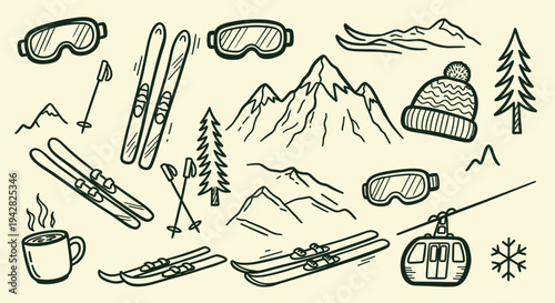 Winter Skiing Doodle Elements Collection Mountain Resort Activities