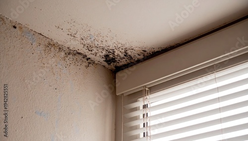 Black mold growth on walls and ceiling near window with blinds