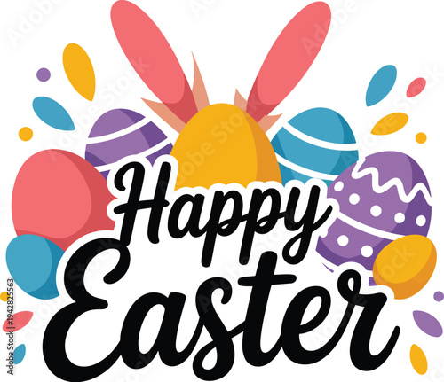 A colorful Easter graphic with eggs and bunny ears