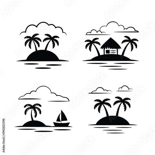 A black and white illustration of tropical islands with palm trees and a sailboat