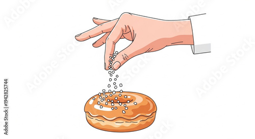 Hand Sprinkling Sugar on Donut.
