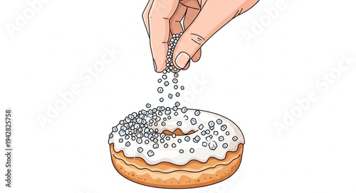Hand Sprinkling Sugar on Donut.