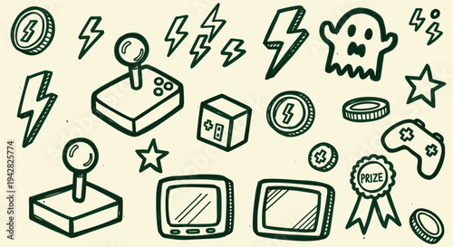Retro video game icons and symbols doodle collection