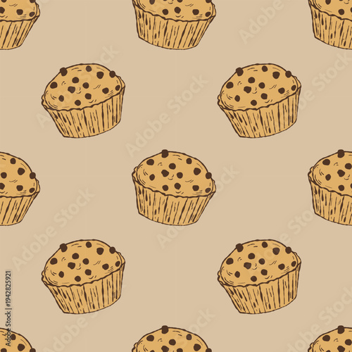 Rustic Chocolate Chip Muffin Seamless Pattern on Beige Background. Hand-Drawn Artisan Bakery Wallpaper for Craft Food Packaging, Traditional Cafe Branding, and Farmhouse Kitchen Decor. Neutral Earthy 
