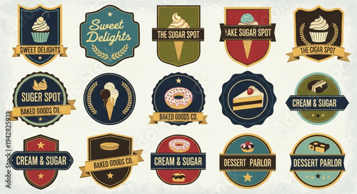 Collection of vintage dessert and ice cream shop badges and logos.