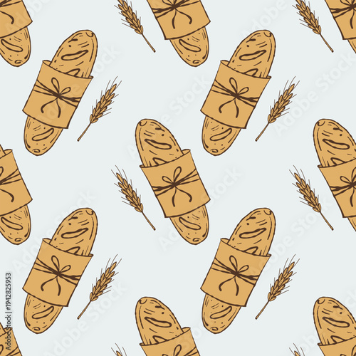 Minimalist Baguette and Wheat Ear Seamless Pattern on Clean White Background. Hand-Drawn Artisan Bakery Wallpaper for Professional Food Branding, Modern Kitchen Decor, and Minimalist Packaging Design