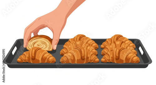 Hand taking croissant from baking tray.