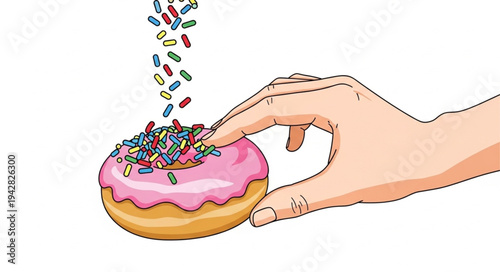 Hand Touching Sprinkles on Donut.