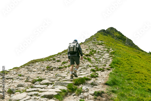 Hiker climbing rocky mountain trail with backpack gear. Isolated object