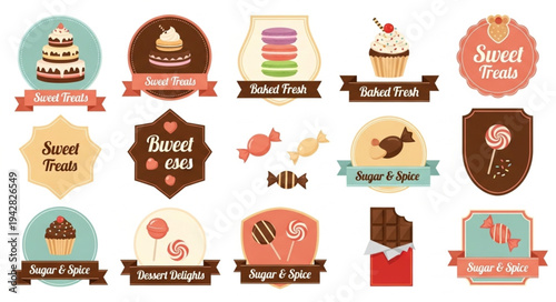 Collection of sweet treats and dessert labels.