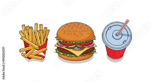 Classic American fast food meal with burger fries and soda.