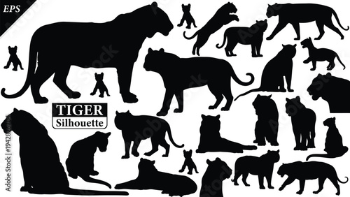 Tiger silhouette isolated on backgrounds with logo text space, featuring a clean black shape symbolising nature life, conservation, Ideal for logos, branding, icons, tiger logo vector illustration