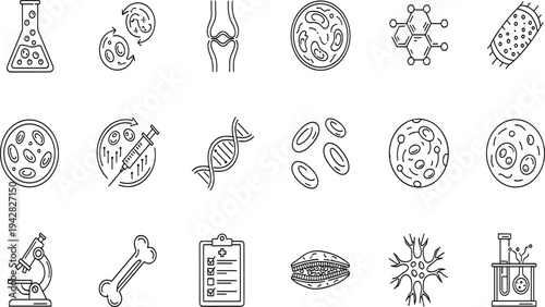 Biology and Medical Science Line Icon Set Featuring DNA Helix Microscope Laboratory Flask Cells Bacteria Bone Joint and Genetic Research