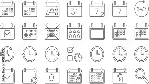 Calendar and Clock Vector Line Icons Set for Event Planning, Appointment Scheduling, Time Management, Deadline Tracking, Productivity Organization, and Business Reminders.
