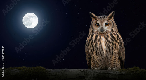 A wise owl perches on a stone wall under the light of a full moon in a dark night sky. isolated on white background