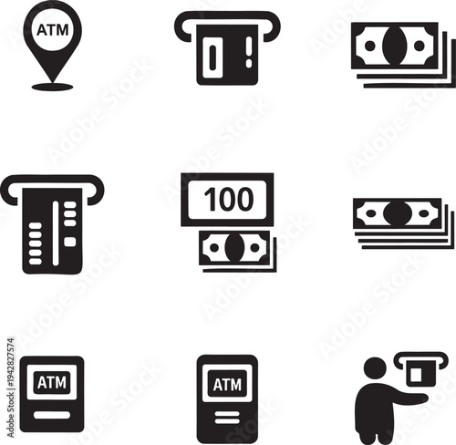 Comprehensive set of ATM and cash transaction icons for banking and financial services