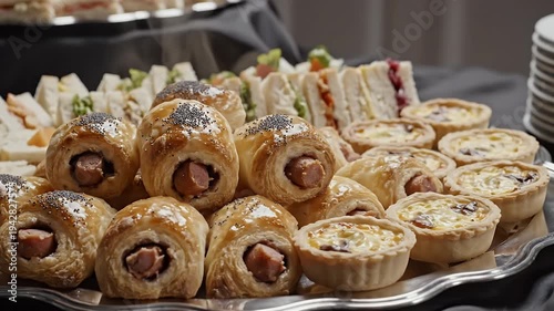 Close Up of Silver Tray of Baked Pastries Sandwiches and Quiche Appetizers on Black Tablecloth
