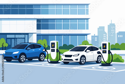Electric vehicles charging in front of a modern city building