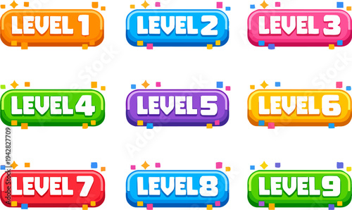 Colorful game level buttons for mobile gaming progress and user interface design
