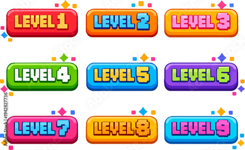Game level buttons set with vibrant colors, UI elements for game interface design