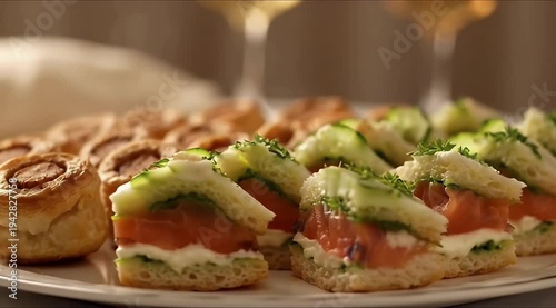 Close Up of Savory Appetizers Displayed on White Plate with Champagne Glasses