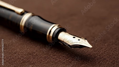 Close Up Shot of Black and Gold Fountain Pen on Brown Textured Surface Revealing Intricate Design and Fine