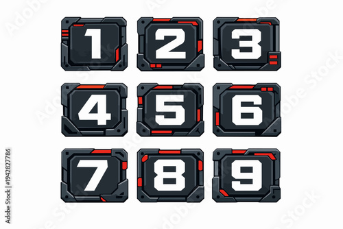 Futuristic number keypad buttons set, gaming user interface elements and numeric icons