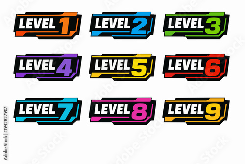 Colorful game level system, progression icons representing stages 1 to 9