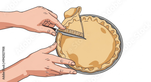 Hands Cutting Slice of Pie.