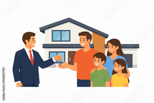 Real estate agent handing over house keys to a happy family buying a new home