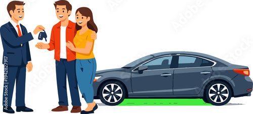 Car salesman handing keys to happy couple buying a new vehicle, celebrating ownership