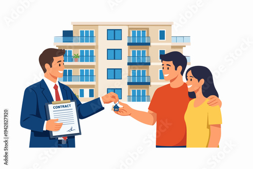 Real estate agent handing over house keys to a happy couple buying apartment