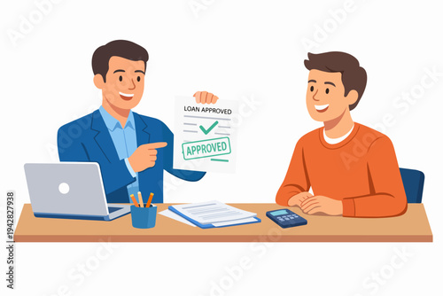 Banker showing loan approval document to happy client receiving credit