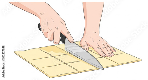 Hands Cutting Square Shapes with Knife.