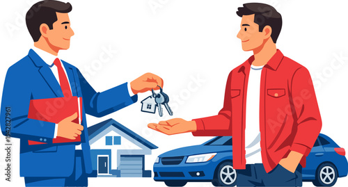 Real estate agent handing over car and house keys to a new owner